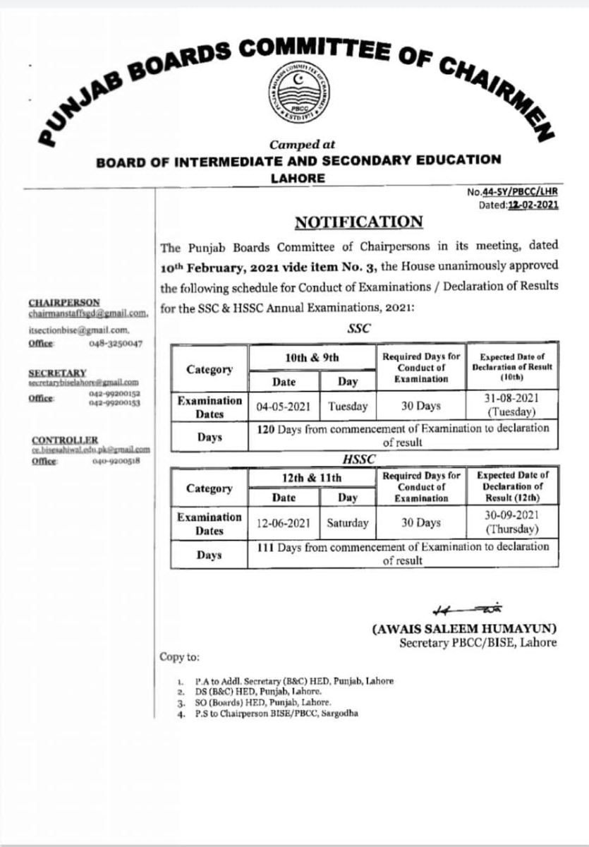 SSC and HSSC Annual Exams Schedule 2021