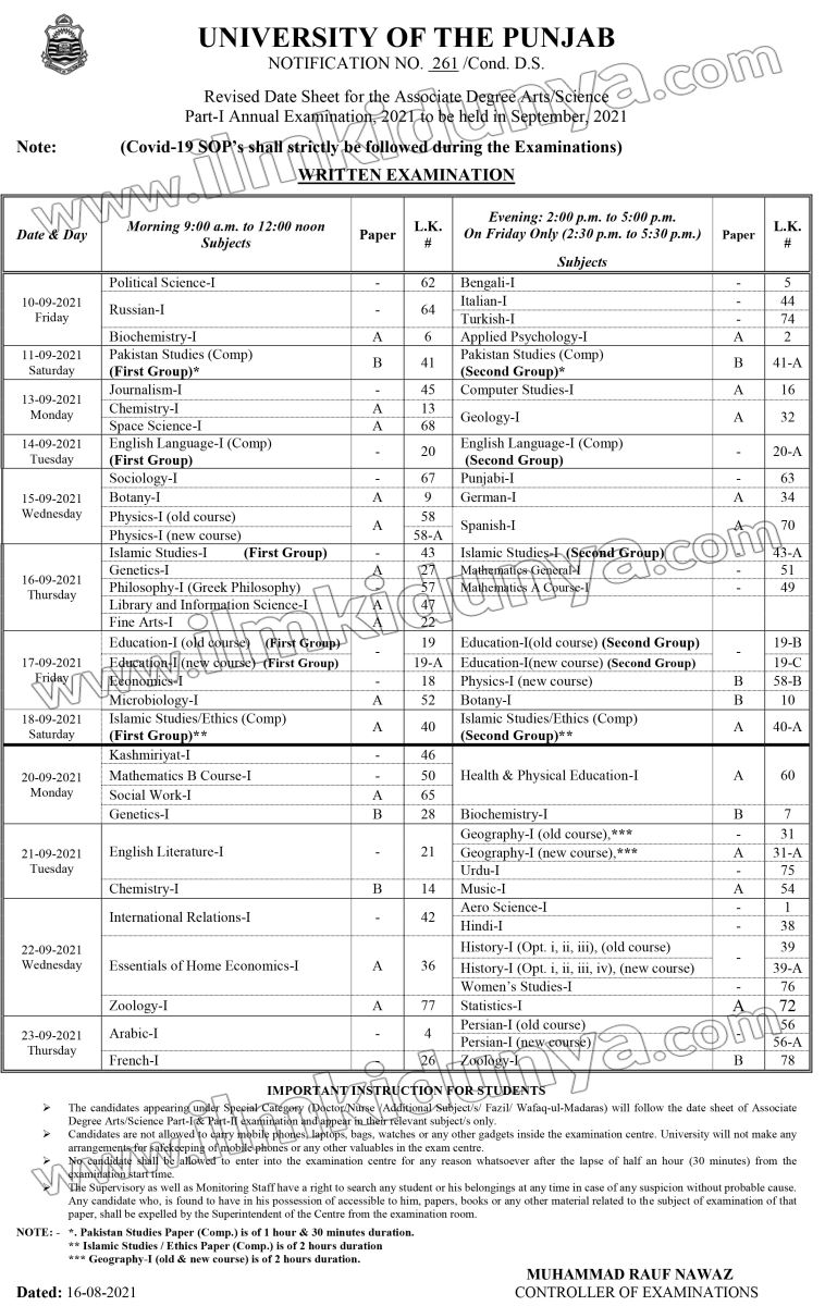 Punjab University BA BSc Date Sheet View Online