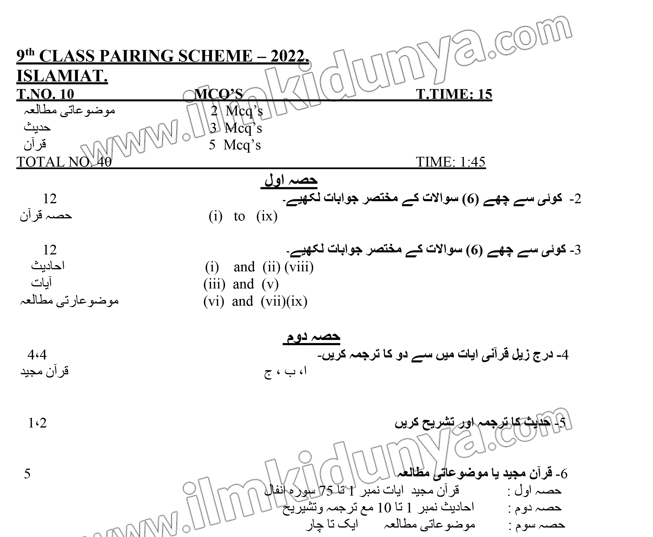 9th Class Islamiat Pairing Scheme 2022 for All Punjab Boards