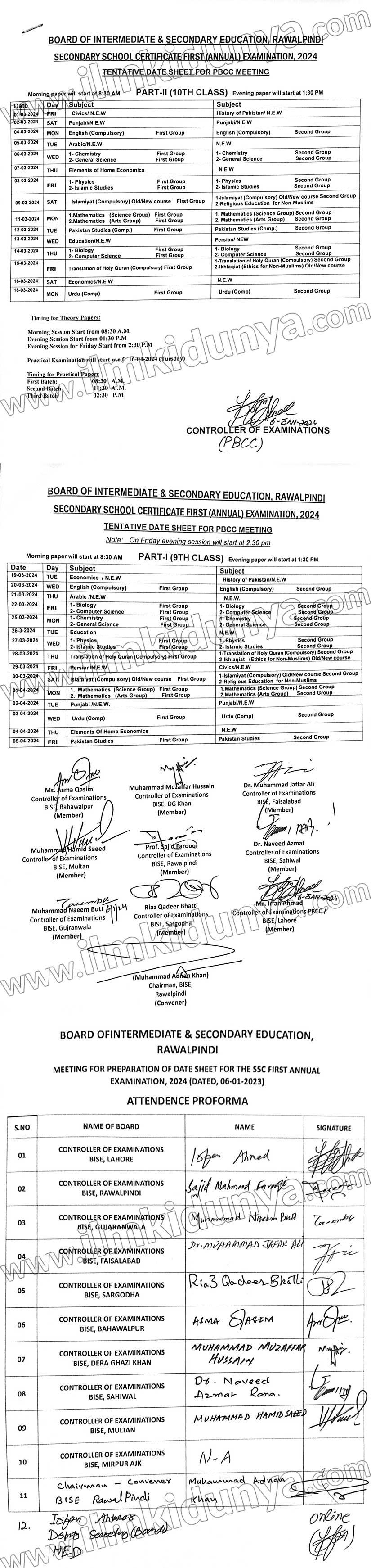 BISE Faisalabad Board 9th class Date Sheet 2024