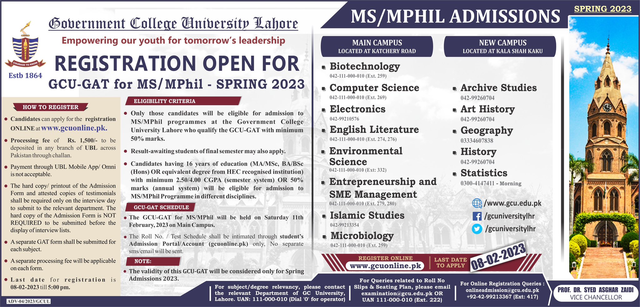 GCU GAT for MS and MPhil Spring Admissions 2023