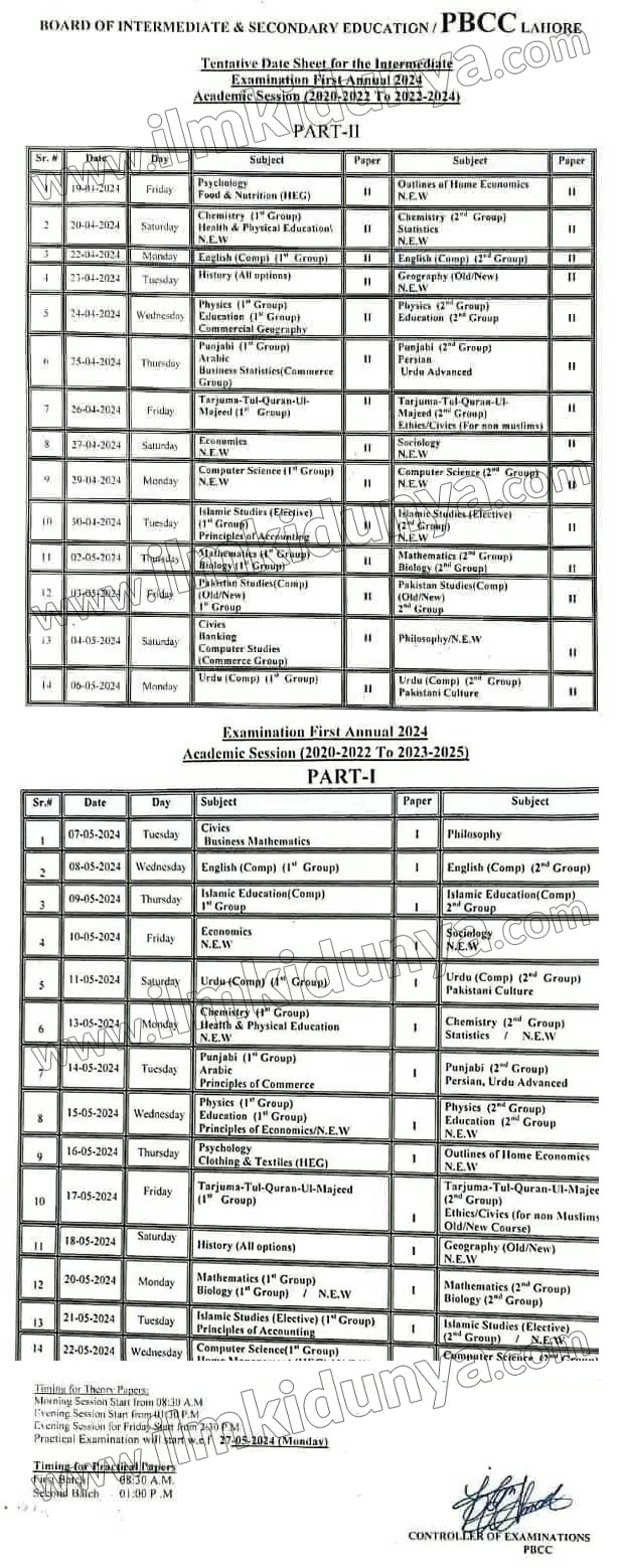 12th Class Date Sheets 2024 2nd Year Date Sheet 2024 For All Boards