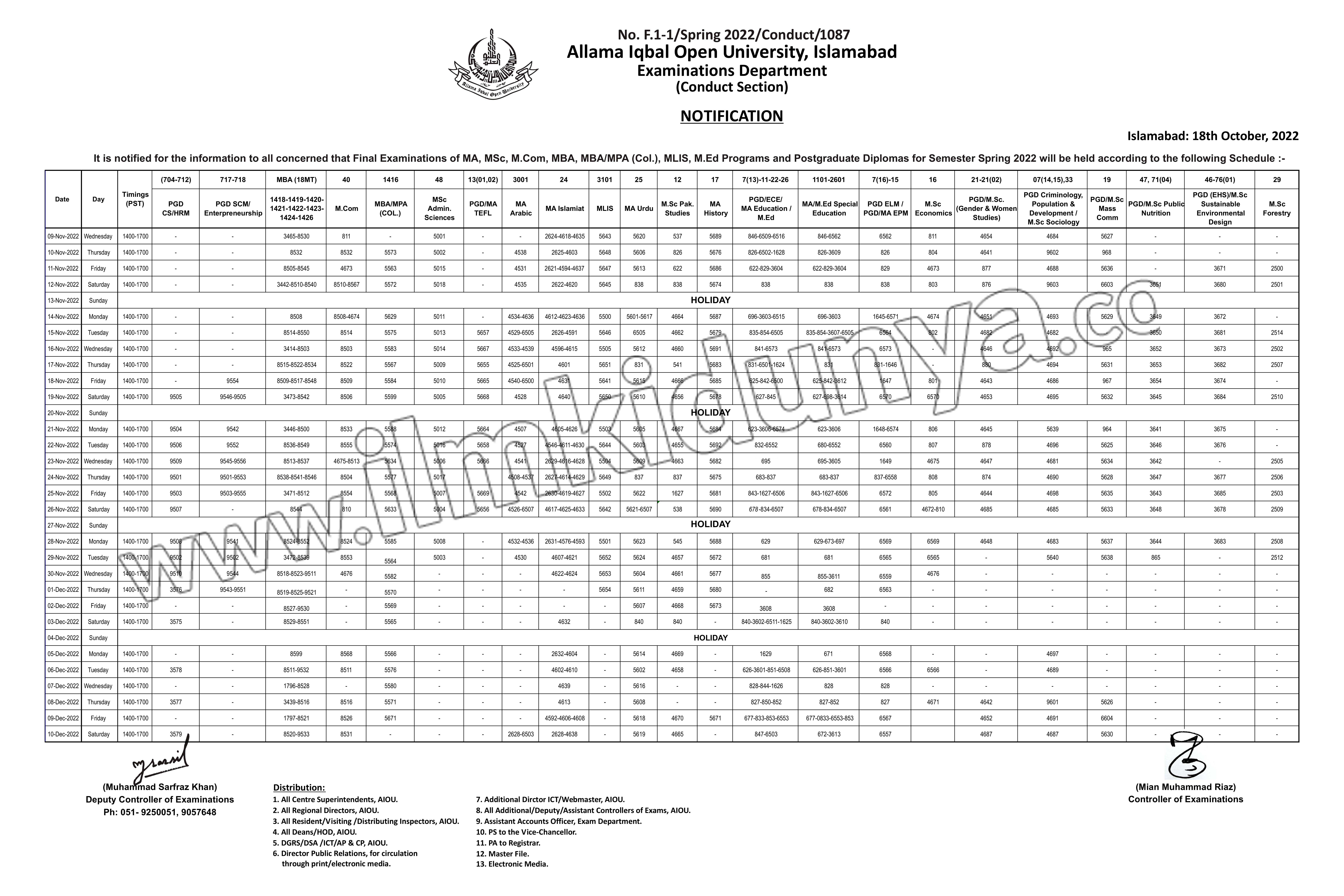 Allama Iqbal Open University M.Com Autumn Semester Date Sheet 2021