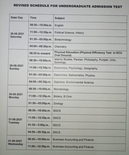 GCU Issues Schedule For Undergraduate Entrance Test - Pakistan Live