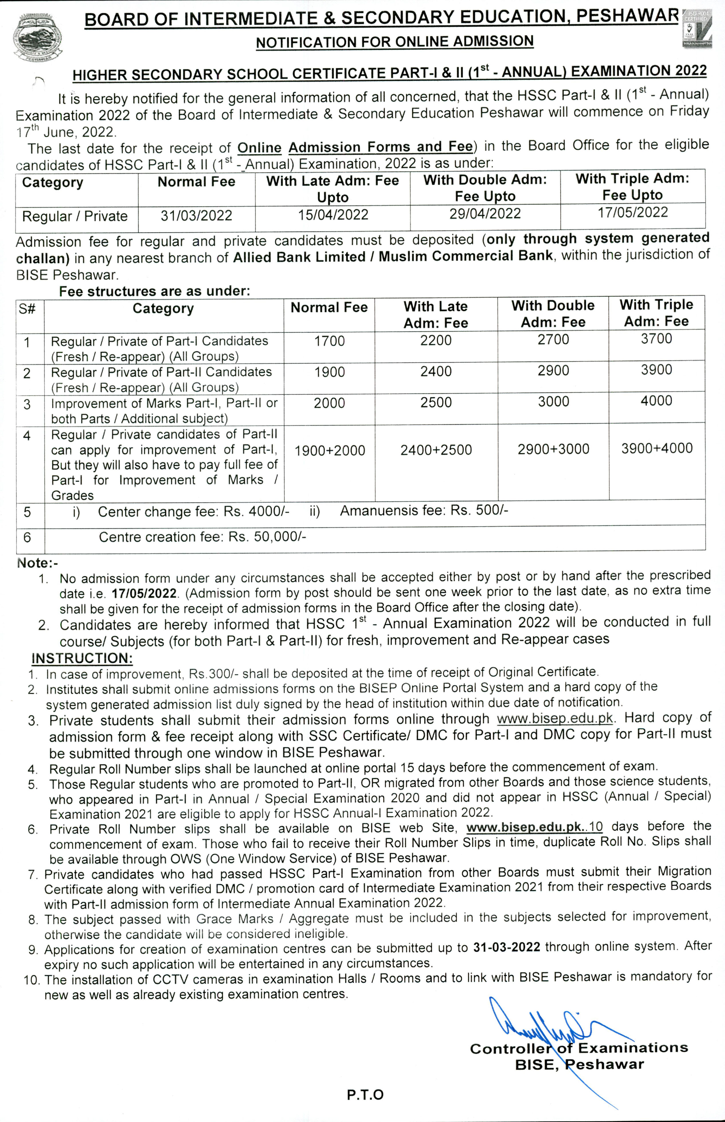 Bise Peshawar Board Fa Fsc Date Sheet Part