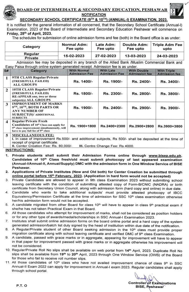Peshawar Board New Matric Intake 2023 and registration process
