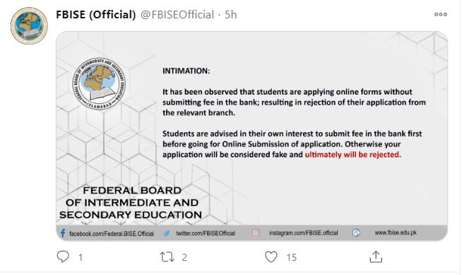 FBISE Issues Guidelines For Online Registration of 11th Class 2020
