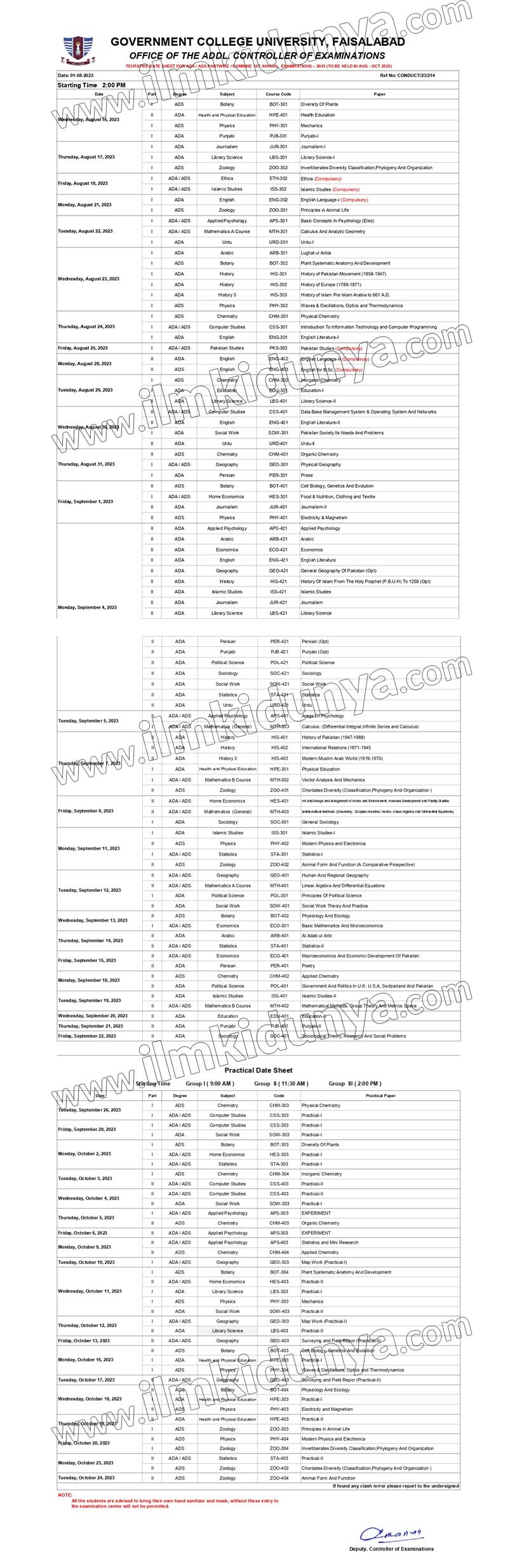 Government College University Faisalabad B.Sc Date Sheet 2023 View Online