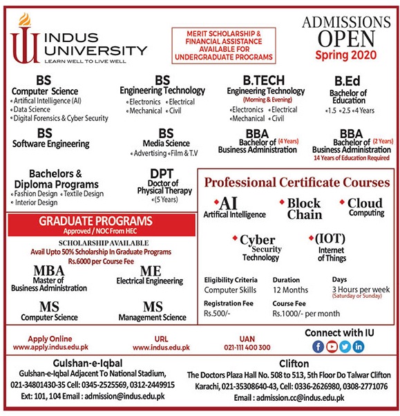 Admissions 2020 Announcement By Indus University Karachi