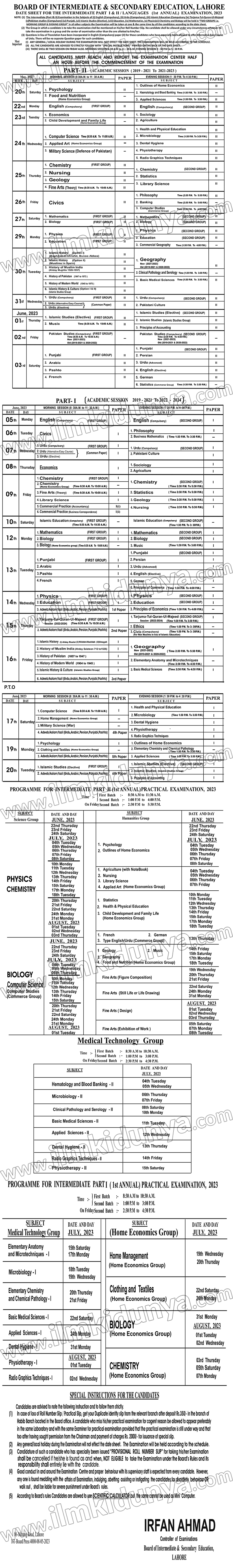 BISE Lahore Board Date Sheet 2023 of FA. FSc, ICS,