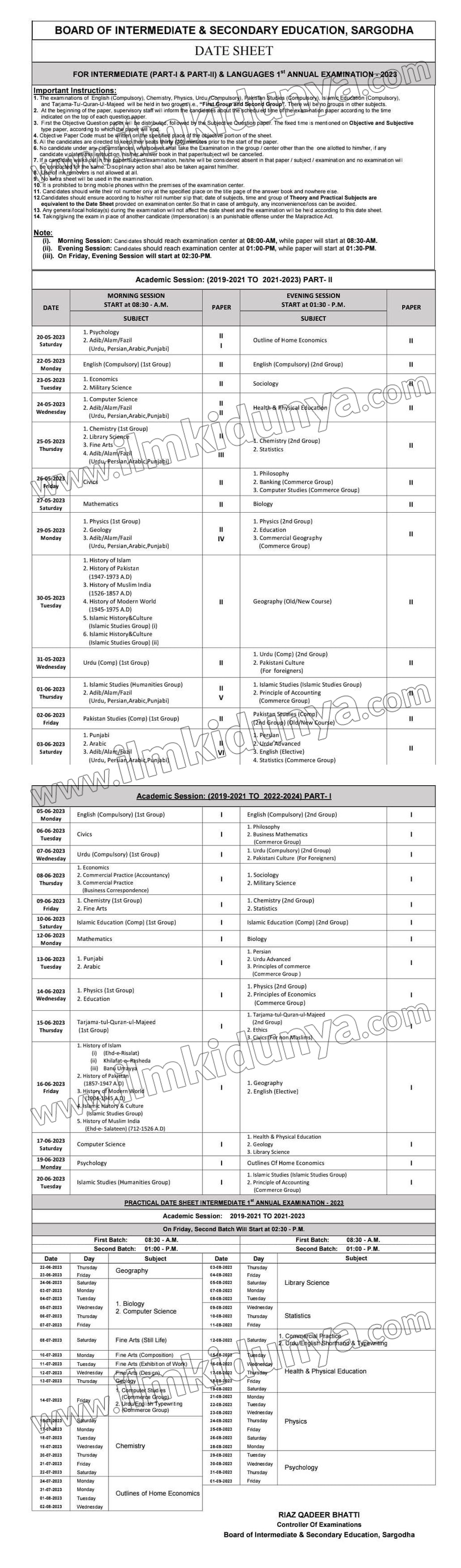 BISE Sargodha Board Inter Date Sheet 2023 - Intermediate Date Sheet 2023