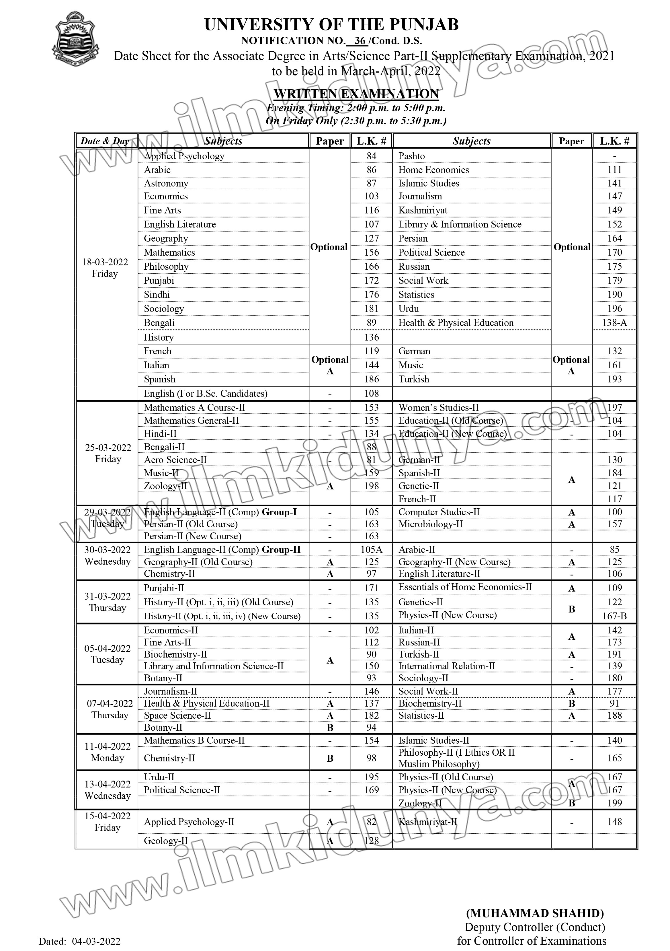 Punjab University BA BSc Date Sheet View Online