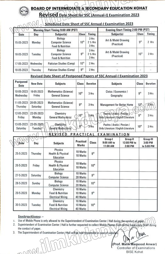 BISE Kohat Board 9th Class Date Sheet 2023